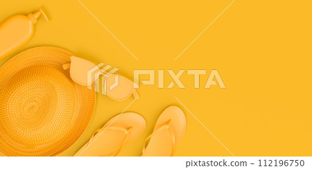 Colorful beach accessories and luggage for summer vacation on monochrome. 112196750