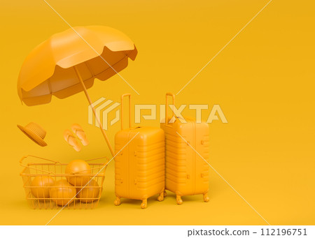 Colorful beach rings, chair, umbrellas and luggage on monochrome background. 112196751