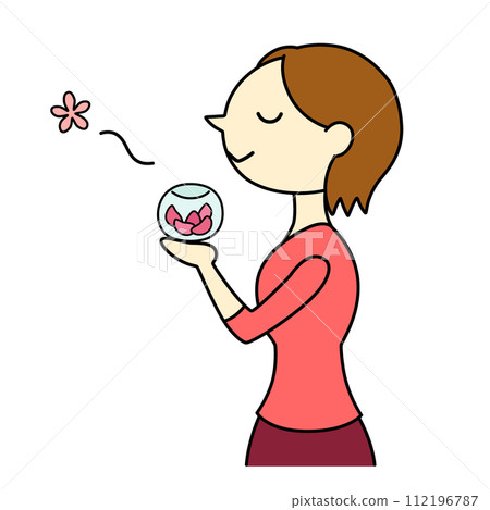 一個短髮女子享受著花香的香味,主線 一個短髮女子享受著花香的香味,主線 112196787