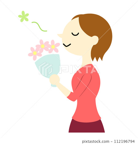 A woman with short hair enjoying the scent of a bouquet, no main line 112196794