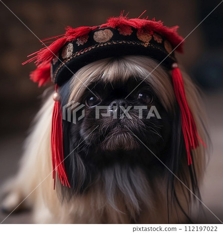 Pekingese in national Chinese cap, Chinese dog breed, funny cute pet 112197022