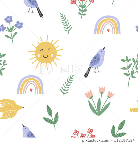 Seamless pattern with birds, sun, rainbow and flowers in childish style. Simple springtime design Seamless pattern with birds, sun, rainbow and flowers in childish style. Simple springtime design 112197184