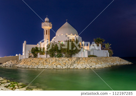 White Salem Bin Laden Mosque built on the island in the twilight surrounded by persian gulf, Al Khobar, Saudi Arabia 112197285
