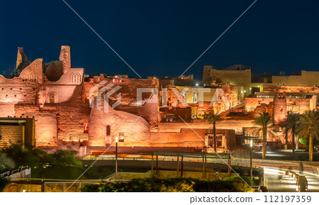 Diriyah illuminated old town walls, At-Turaif district complex at night, Riyadh, Saudi Arabia Diriyah illuminated old town walls, At-Turaif district complex at night, Riyadh, Saudi Arabia 112197359