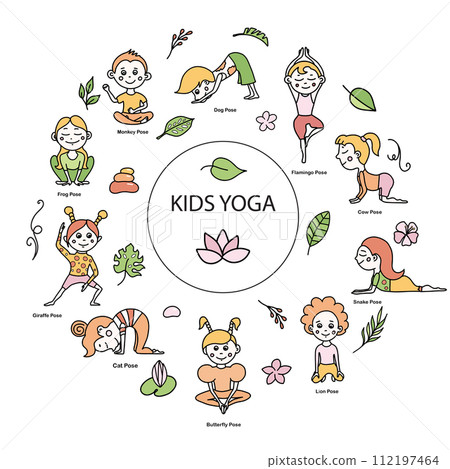 Set of kids yoga animal poses and tropical leaves, flowers, branches. Vector cartoon illustration in doodle style. 112197464