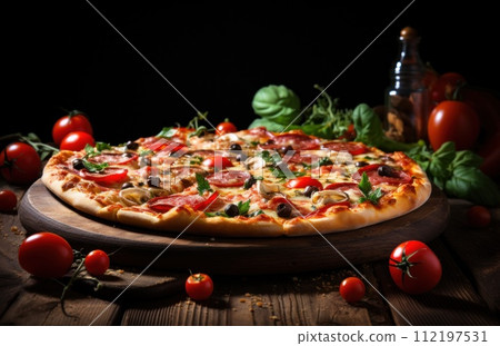 italian pizza on wooden background 112197531