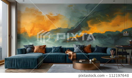 AI-generated content. A cozy living room with a blue couch under a large painting depicting a serene landscape with a cloudy sky and water 112197648