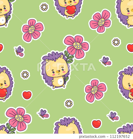 Seamless pattern with happy cartoon hedgehog with heart and flower on green background. Vector illustration with funny kawaii animals. Kids collection. 112197652