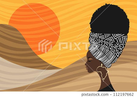 Portrait african woman with traditional head turban for Afro Curly hair. Africa luxury gold earrings. Typical headscarf. Vector  beauty ethnic fashion design on African Landscape Sunset background 112197662