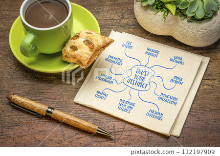 trust your instinct concept - mind map infographics sketch on a napkin with coffee, decision making and personal development trust your instinct concept - mind map infographics sketch on a napkin with coffee, decision making and personal development 112197909