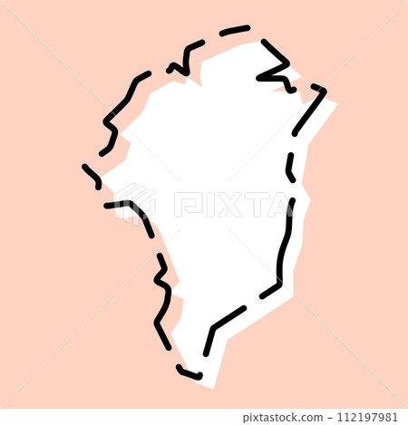 Greenland simplified map. White silhouette with black broken contour on pink background. Simple vector icon Greenland simplified map. White silhouette with black broken contour on pink background. Simple vector icon 112197981