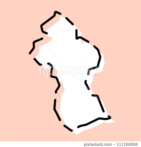 Guyana country simplified map. White silhouette with black broken contour on pink background. Simple vector icon 112198008