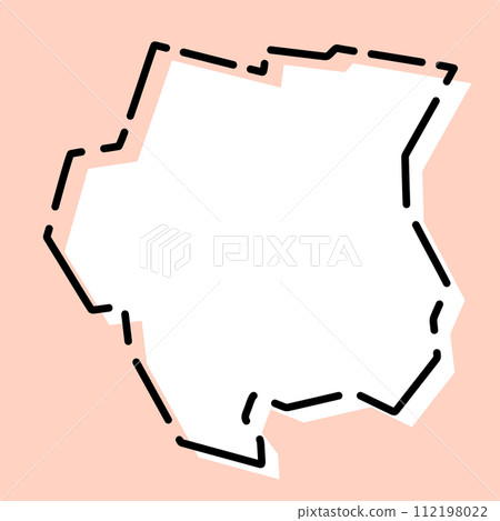 Suriname country simplified map. White silhouette with black broken contour on pink background. Simple vector icon 112198022
