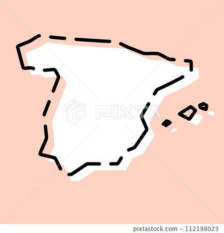 Spain country simplified map. White silhouette with black broken contour on pink background. Simple vector icon 112198023