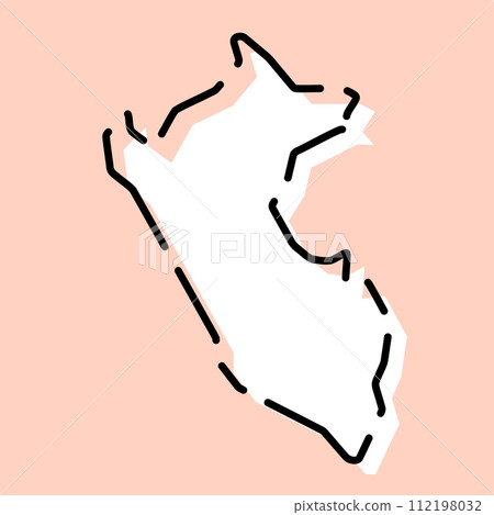 Peru country simplified map. White silhouette with black broken contour on pink background. Simple vector icon 112198032