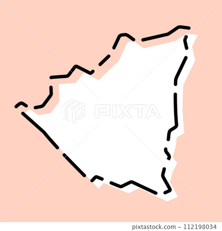 Nicaragua country simplified map. White silhouette with black broken contour on pink background. Simple vector icon Nicaragua country simplified map. White silhouette with black broken contour on pink background. Simple vector icon 112198034