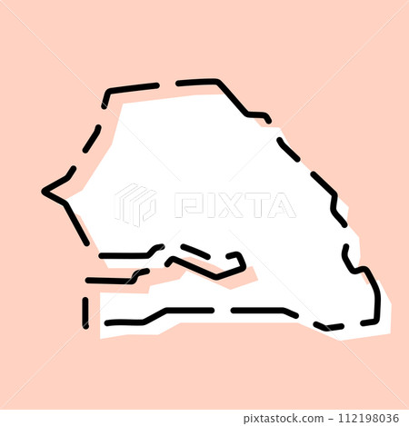 Senegal country simplified map. White silhouette with black broken contour on pink background. Simple vector icon Senegal country simplified map. White silhouette with black broken contour on pink background. Simple vector icon 112198036