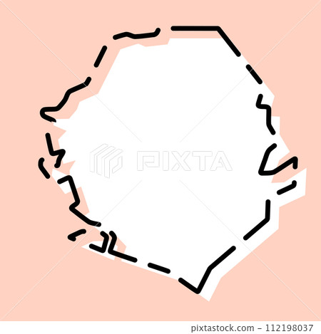Sierra Leone country simplified map. White silhouette with black broken contour on pink background. Simple vector icon Sierra Leone country simplified map. White silhouette with black broken contour on pink background. Simple vector icon 112198037