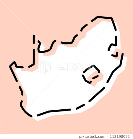 South Africa country simplified map. White silhouette with black broken contour on pink background. Simple vector icon South Africa country simplified map. White silhouette with black broken contour on pink background. Simple vector icon 112198051