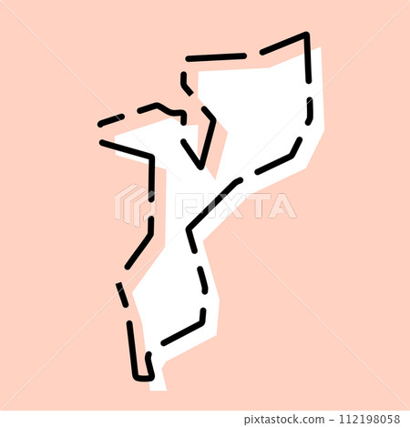 Mozambique country simplified map. White silhouette with black broken contour on pink background. Simple vector icon Mozambique country simplified map. White silhouette with black broken contour on pink background. Simple vector icon 112198058