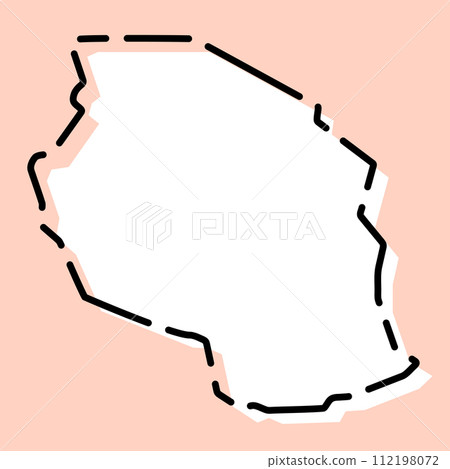 Tanzania country simplified map. White silhouette with black broken contour on pink background. Simple vector icon 112198072