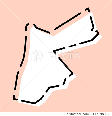 Jordan country simplified map. White silhouette with black broken contour on pink background. Simple vector icon 112198082