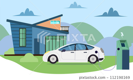 Vector illustration of an electric car being charged. Eco-friendly and sustainable Transportation. Renewable energy, green energy, ecology, nature and technology concepts. 112198169