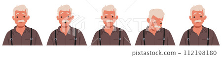 Old Man Facial Emotions Set. Senior Grey Haired Male Character Feel Surprise, Sadness, Wisdom, Guilty Or Unhappy Old Man Facial Emotions Set. Senior Grey Haired Male Character Feel Surprise, Sadness, Wisdom, Guilty Or Unhappy 112198180