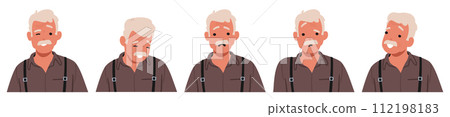 Old Mustached Man Face Emotions. Wrinkled Senior Male Character Wink Eye, Feels Joy, Shy, Confusion or Sadness Old Mustached Man Face Emotions. Wrinkled Senior Male Character Wink Eye, Feels Joy, Shy, Confusion or Sadness 112198183