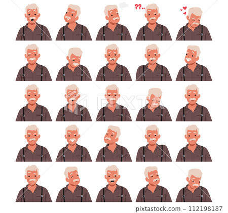 Old Man Face Emotions Set. Wrinkled Senior Male Character Feels Joy, Nostalgic Sadness, Fatigue And Confusion Old Man Face Emotions Set. Wrinkled Senior Male Character Feels Joy, Nostalgic Sadness, Fatigue And Confusion 112198187