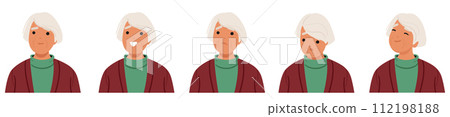 Old Woman Facial Emotions. Senior Female Character Calm, Smile, Upset And Happy. Granny Exudes Wisdom, Empathy Old Woman Facial Emotions. Senior Female Character Calm, Smile, Upset And Happy. Granny Exudes Wisdom, Empathy 112198188