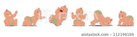 Newborn Baby Different Poses. Little Child Character Pointing Gesture, Yelling Or Crying Lying On Back, Upset Expression 112198189
