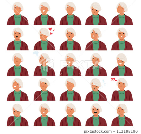 Old Woman Face Expressions And Emotions. Aged Female Character Feel Joy, Sorrow, And Wisdom, Resilience, Smile Old Woman Face Expressions And Emotions. Aged Female Character Feel Joy, Sorrow, And Wisdom, Resilience, Smile 112198190