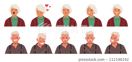 Old Man And Woman Face Expressions And Emotions. Male Or Female Characters Feel Surprise, Joy, Sorrow And Confusion Old Man And Woman Face Expressions And Emotions. Male Or Female Characters Feel Surprise, Joy, Sorrow And Confusion 112198192