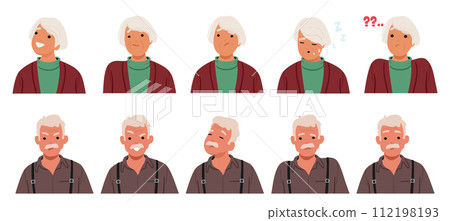 Old Man And Woman Face Expressions And Emotions. Male Or Female Characters Feel Joy, Sorrow, Anger And Confusion 112198193