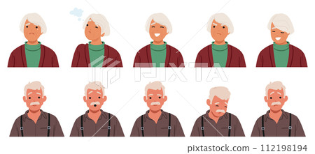 Old Man And Woman Face Expressions And Emotions. Male Or Female Characters Thinking, Feel Joy, Upset And Confusion 112198194