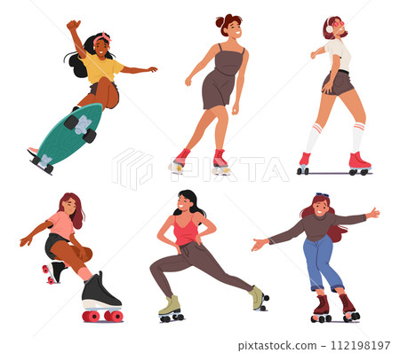 Teen Girls Glide Effortlessly On Roller Skates, Laughter Echoing In The Park, Hair Flowing, As They Maneuver Gracefully 112198197