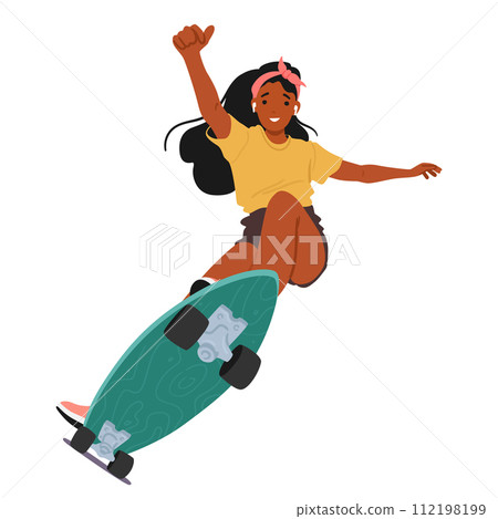 Young Woman Effortlessly Skateboarding, Hair Flowing, Showcasing Confidence And Joy Isolated On White Background 112198199