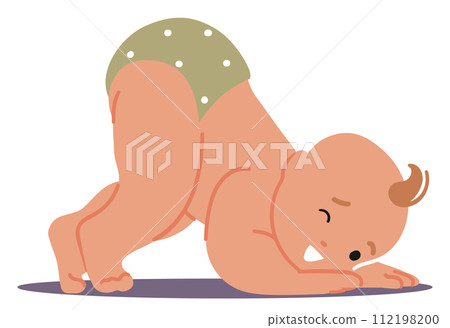 Baby Pose, Little Infant Stands With Buttocks Raised, Forming an Arch. Playful And Relaxing Position. Child Character 112198200