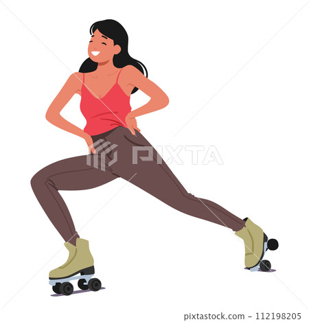 Vibrant Teen Girl Character Glides Effortlessly On Roller Skates, Making Stunts and Tricks. Laughter Fills The Air 112198205