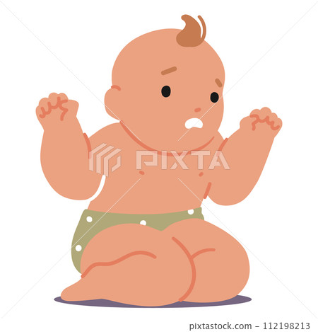 Baby Sitting On Floor With Upset Face, Quivering Lip, Teary Eyes, And A Raised Brow Conveying Distress 112198213