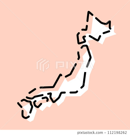 Japan country simplified map. White silhouette with black broken contour on pink background. Simple vector icon Japan country simplified map. White silhouette with black broken contour on pink background. Simple vector icon 112198262