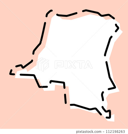 Democratic Republic of the Congo country simplified map. White silhouette with black broken contour on pink background. Simple vector icon Democratic Republic of the Congo country simplified map. White silhouette with black broken contour on pink background. Simple vector icon 112198263