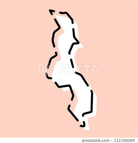 Malawi country simplified map. White silhouette with black broken contour on pink background. Simple vector icon Malawi country simplified map. White silhouette with black broken contour on pink background. Simple vector icon 112198264