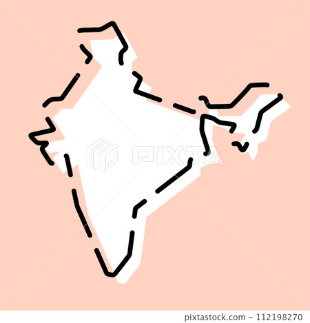 India country simplified map. White silhouette with black broken contour on pink background. Simple vector icon India country simplified map. White silhouette with black broken contour on pink background. Simple vector icon 112198270