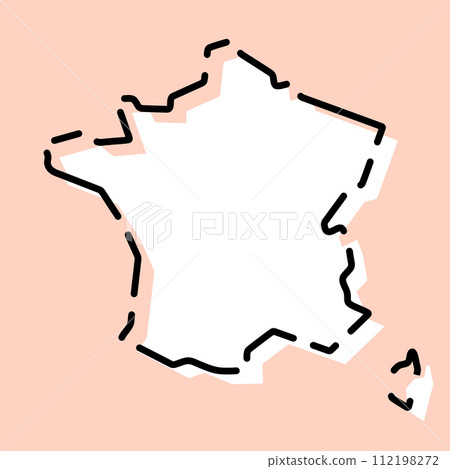 France country simplified map. White silhouette with black broken contour on pink background. Simple vector icon 112198272
