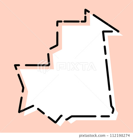 Mauritania country simplified map. White silhouette with black broken contour on pink background. Simple vector icon Mauritania country simplified map. White silhouette with black broken contour on pink background. Simple vector icon 112198274