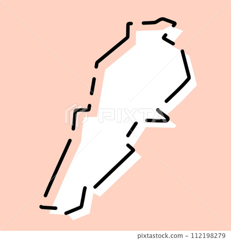 Lebanon country simplified map. White silhouette with black broken contour on pink background. Simple vector icon Lebanon country simplified map. White silhouette with black broken contour on pink background. Simple vector icon 112198279
