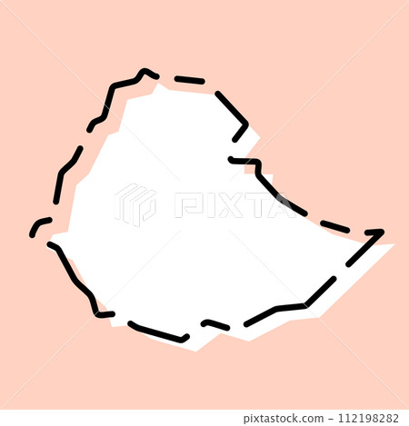 Ethiopia country simplified map. White silhouette with black broken contour on pink background. Simple vector icon 112198282