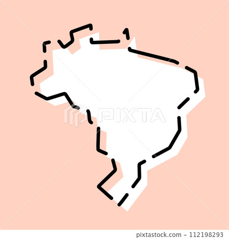 Brazil country simplified map. White silhouette with black broken contour on pink background. Simple vector icon 112198293